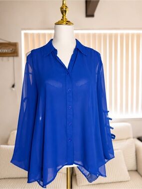 Cecico Royal Blue Sheer Cold-Shoulder Button Blouse